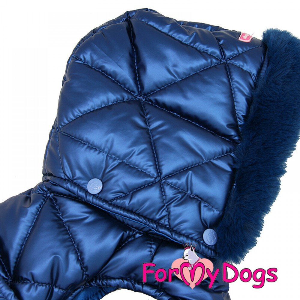 Тепла зимова куртка-попона для собак For My Dogs "BLUE SILK" на шовковому підкладі, з капюшоном, синій — Фото 3