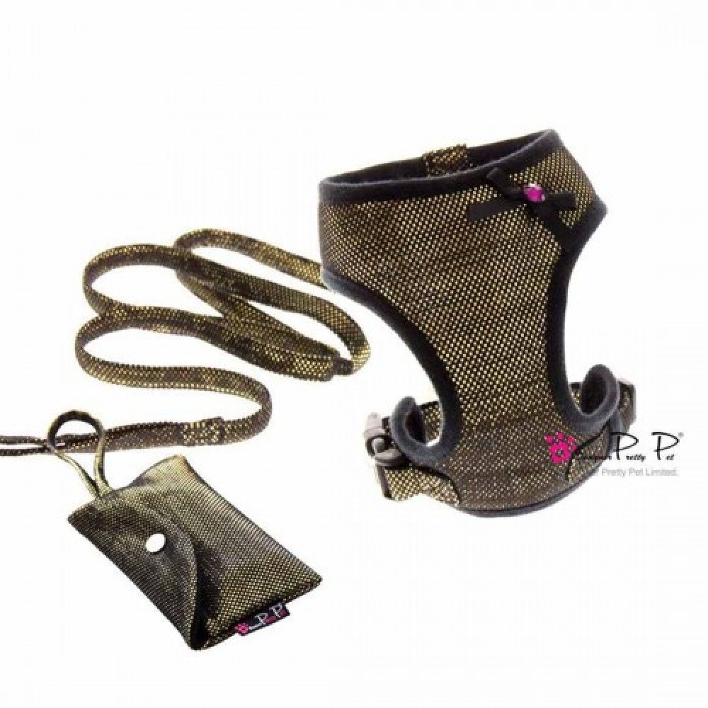 Шлея для собак Pretty Pet тканинна, нейлонові ремінці, з повідцем Bling-bling, золотий — Фото 1