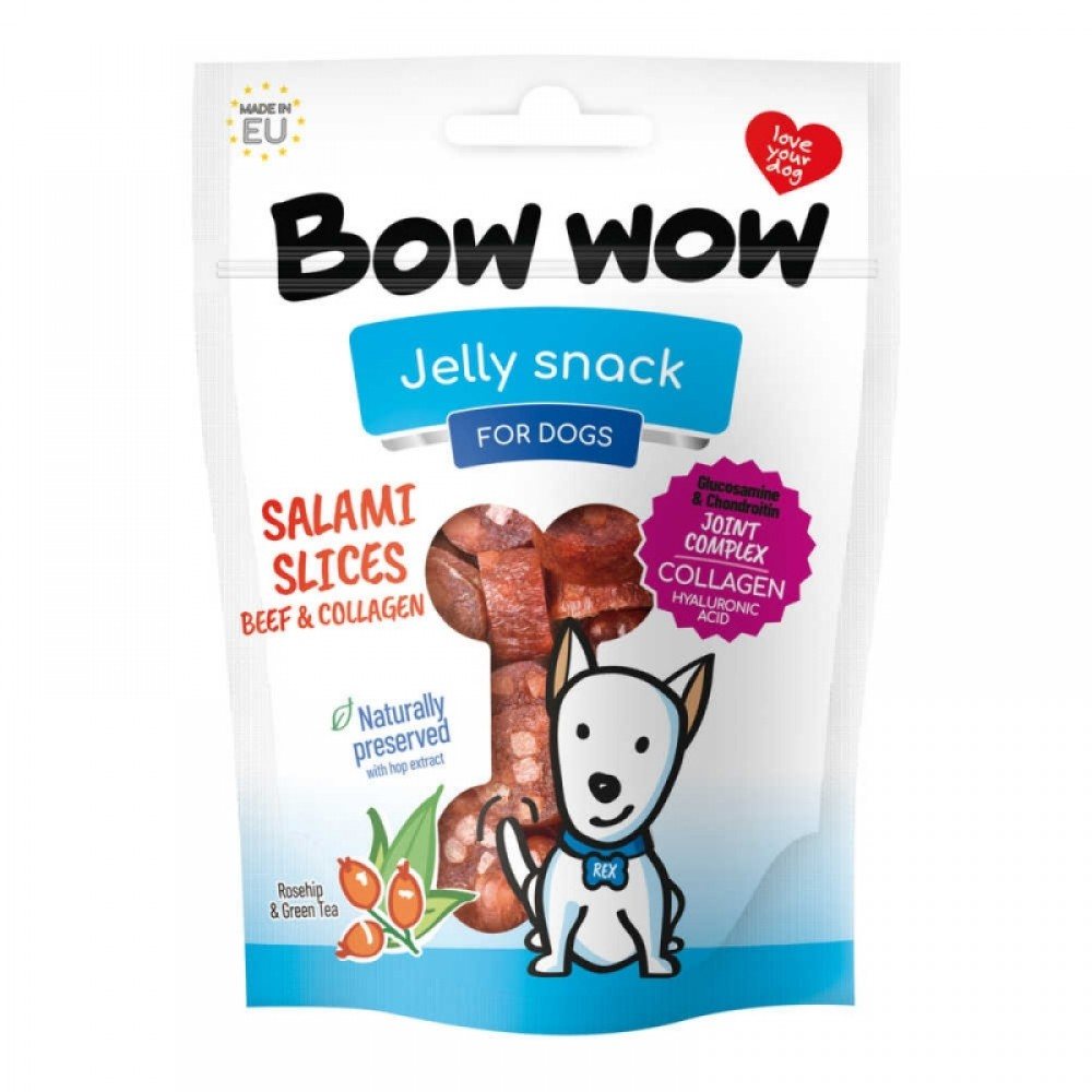 Ласощі для собак "Bow wow" слайси салямі з яловичини та колагену, 80 г — Фото 1