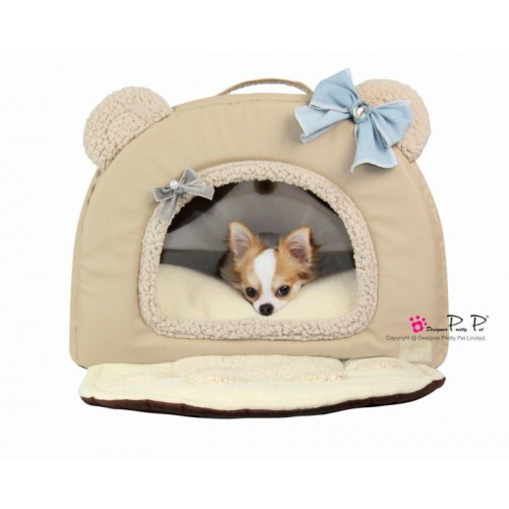 Будиночок з еко-шкіри для собак та котів Pretty Pet "Bear House" бежевого кольору, з вухами — Фото 3