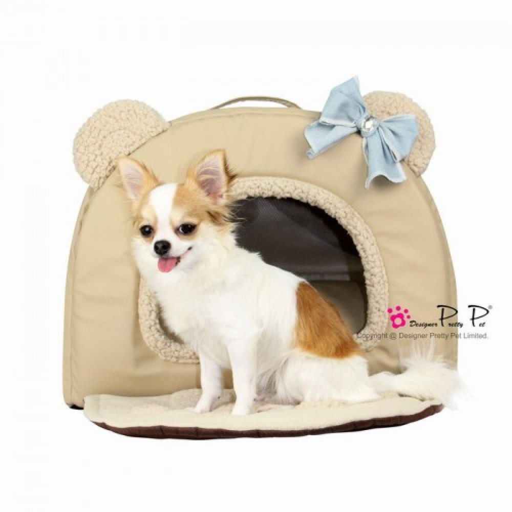 Будиночок з еко-шкіри для собак та котів Pretty Pet "Bear House" бежевого кольору, з вухами — Фото 4