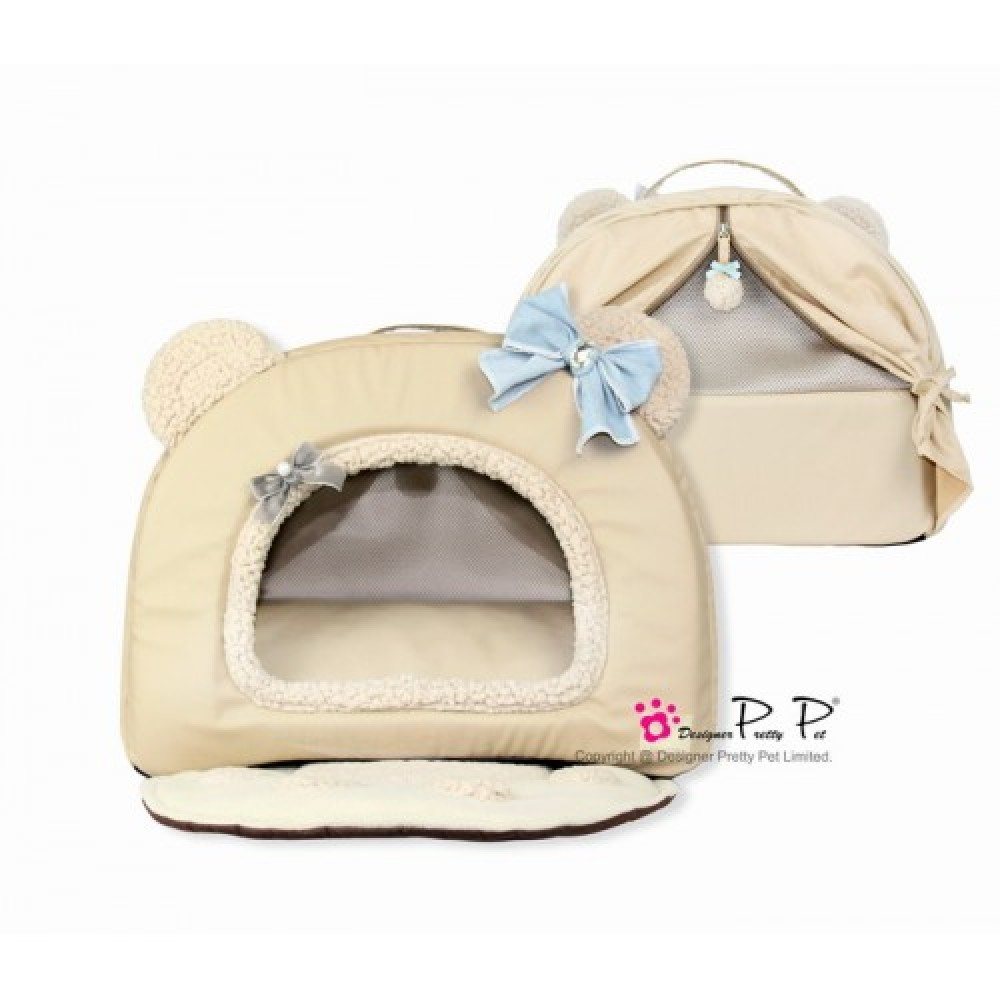 Будиночок з еко-шкіри для собак та котів Pretty Pet "Bear House" бежевого кольору, з вухами — Фото 5