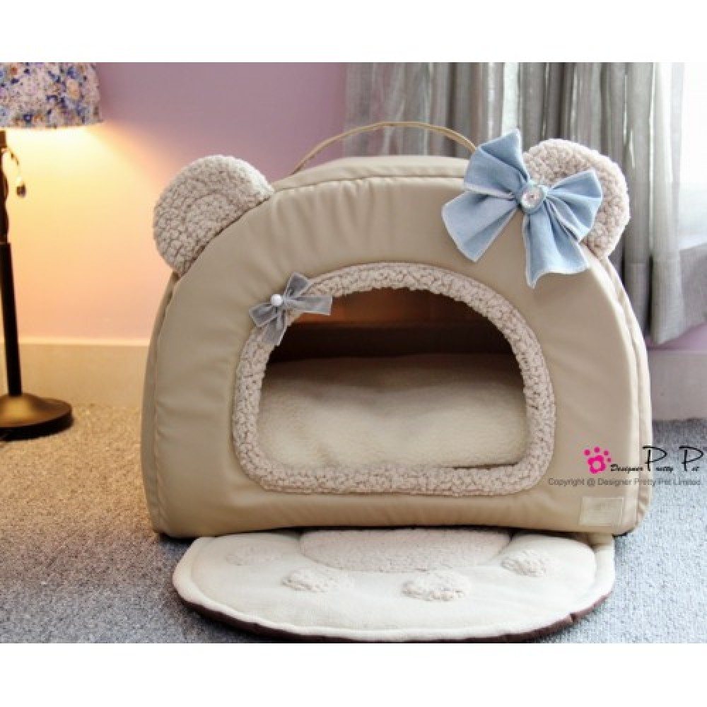 Будиночок з еко-шкіри для собак та котів Pretty Pet "Bear House" бежевого кольору, з вухами — Фото 6