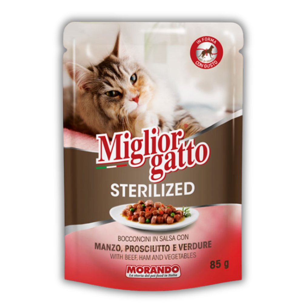 Беззернові консерви для стерилізованих котів Morando Migliorgatto Sterilized яловичина і шинка шматочки в соусі — Фото 1