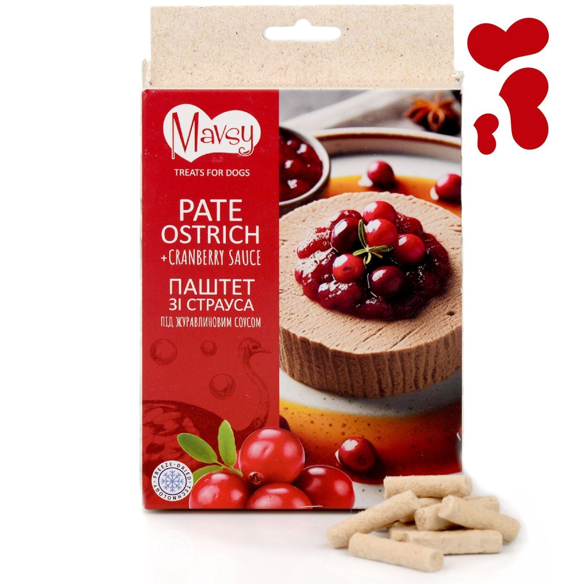 Ласощі для котів і собак Mavsy FD Ostrich + Cranberry — паштет зі страуса під журавлиновим соусом, 50 г — Фото 1