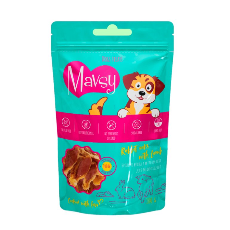 Ласощі для собак Mavsy Rabbit Ears With Lamb — кролячі вушка з м'ясом ягня для міцних щелеп, 100 г — Фото 1