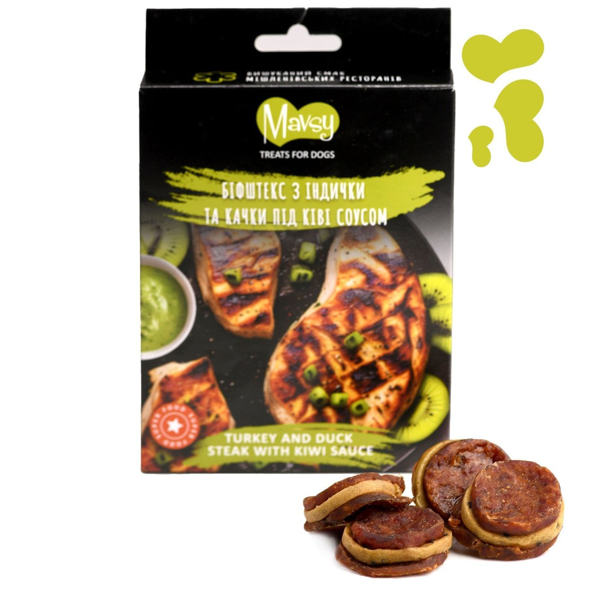 Ласощі для котів і собак Mavsy Turkey Duck Round Chip With Kiwi — біфштекс з індички та качки під ківі соусом, 100 г — Фото 1