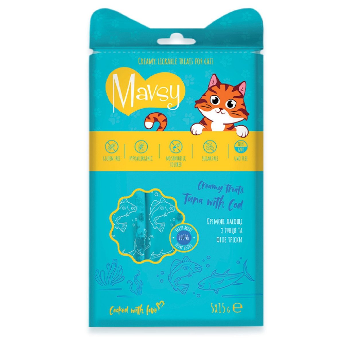 Кремові ласощі для котів з тунцем та тріскою Mavsy Creamy Treats Tuna With Cod, 5×15 г — Фото 1