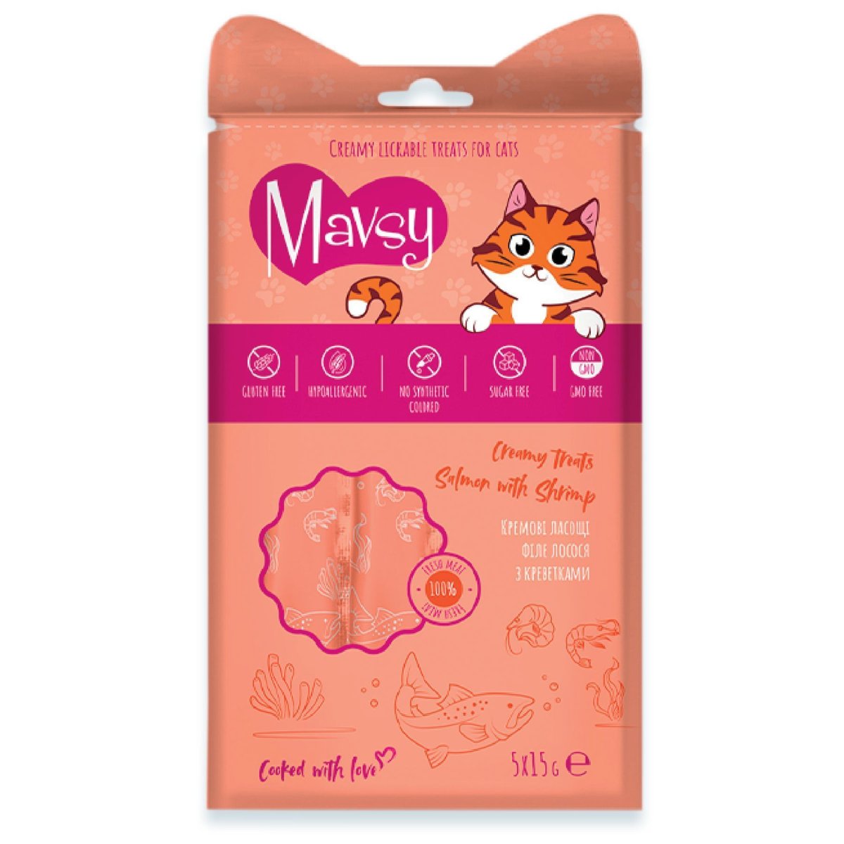 Кремові ласощі для котів з лососем та креветками Mavsy Creamy Treats Salmon With Shrimp, 5×15 г — Фото 1