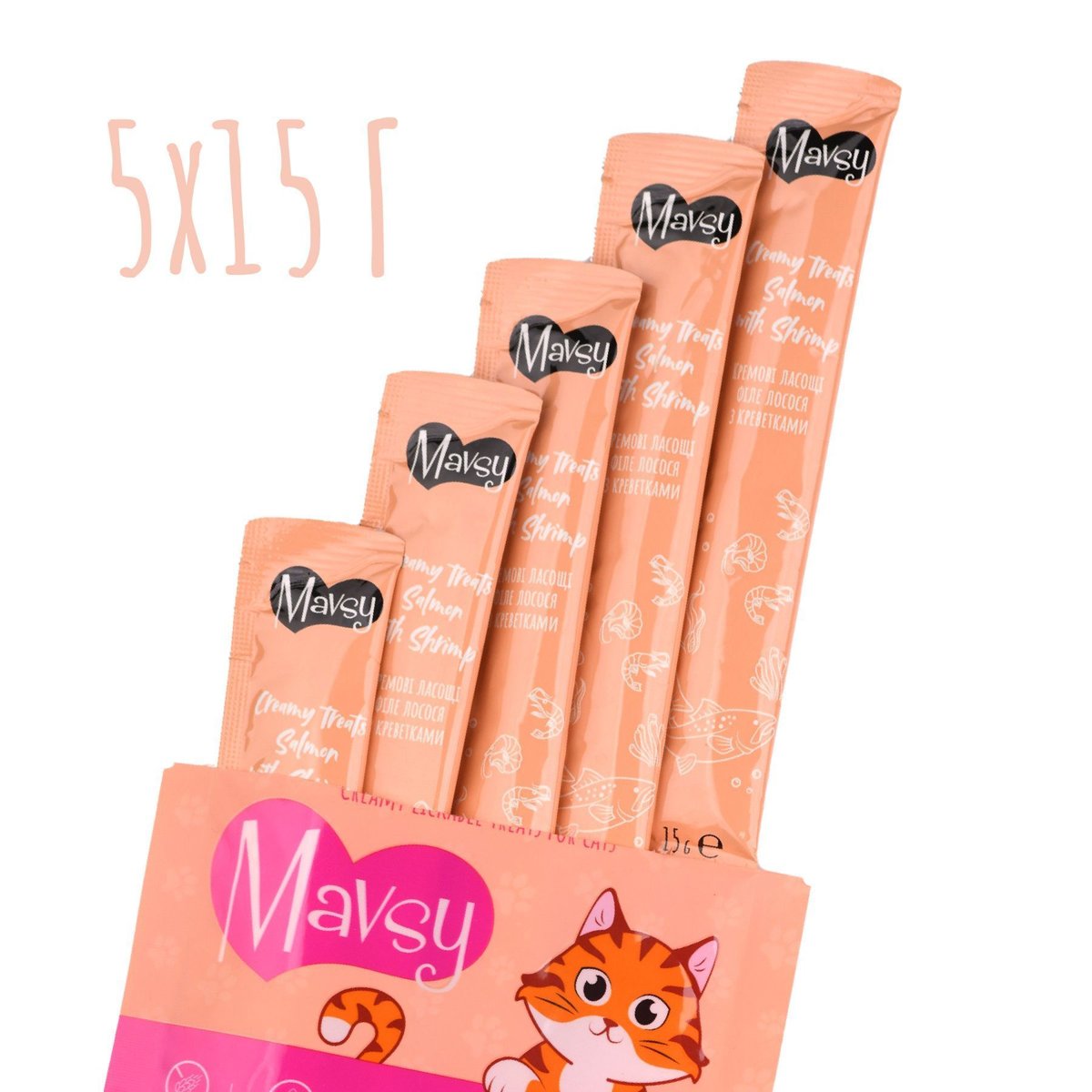 Кремові ласощі для котів з лососем та креветками Mavsy Creamy Treats Salmon With Shrimp, 5×15 г — Фото 2