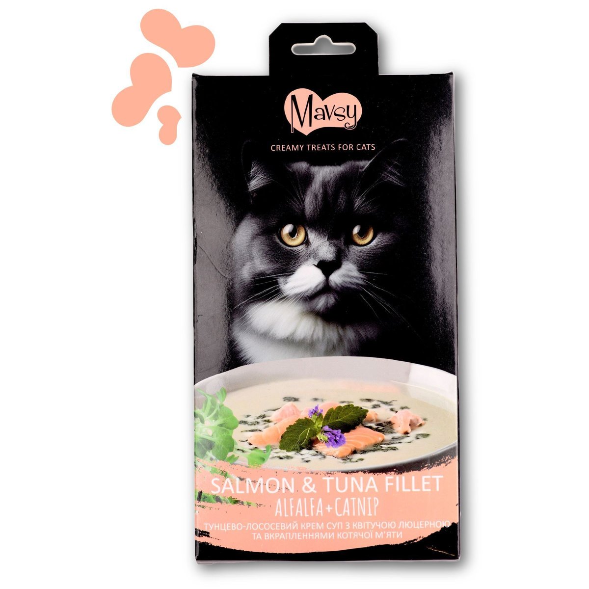 Ласощі для котів Mavsy Creamy Treats Tuna + Salmon + Catnip — тунцево-лососевий крем-суп з люцерною та котячою м'ятою — Фото 1